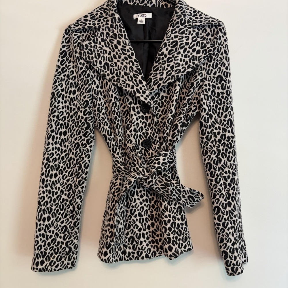 Cato Jacket Small Black White Leopard Print Button Tie Waist Long Sleeve Knit